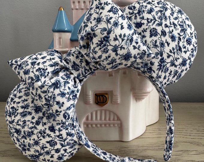 Blue and White Floral Mickey Minnie Ears Headband, LUKDesignsBoutique