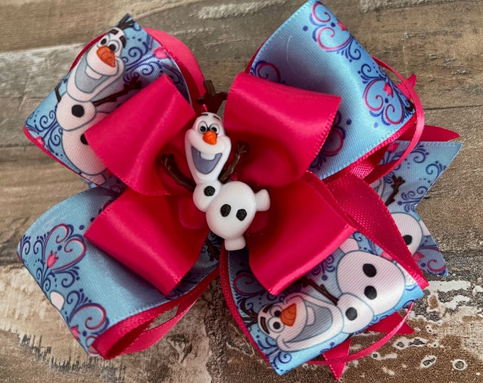 Blue, Pink, and White Satin Hair Bow with Snowman on a French Barrette, LUKDesignsBoutique