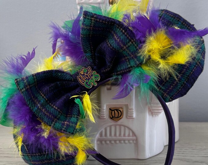 Purple, Yellow, and Green Plaid Mardi Gras Mickey Minnie Mouse Ears Headband, LUKDesignsBoutique