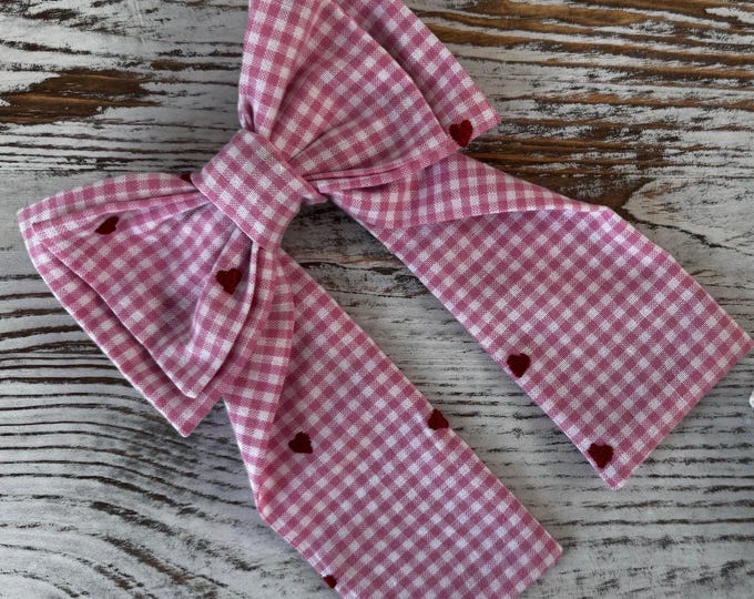 Gingham Hair Bow, Embroidered Red Hearts, Valentine French Barrette