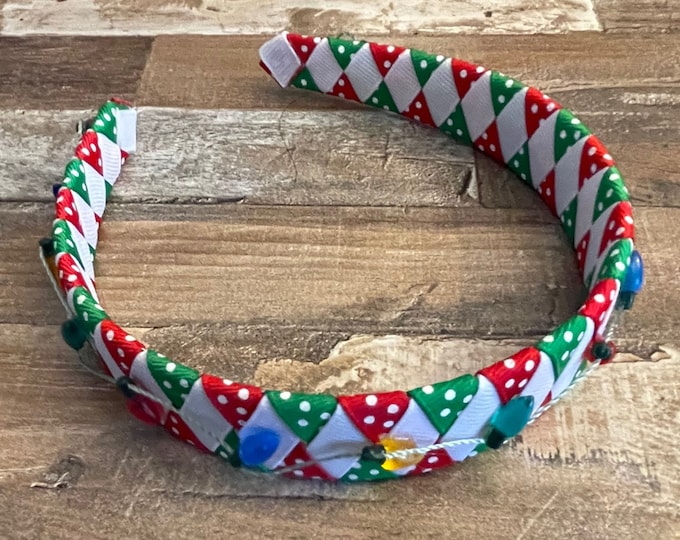 Red, Green, White Polka Dot Woven Christmas Headband with Christmas Lights Accents (choose from 1/2" or 1" Headband), LUKDesignsBoutique
