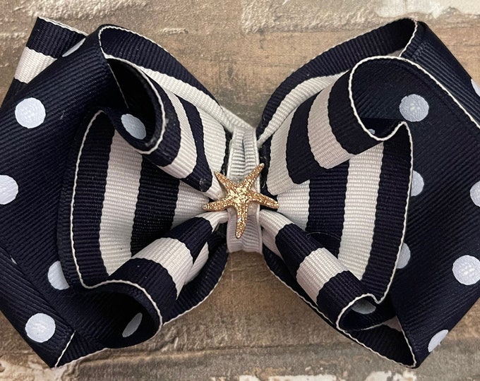 Blue and White Hair Bow with Sea Star, Sea Star Hair Bow, Summer Hair Bow, Polka Dot Hair bow, Striped Hair Bow, Starfish,LUKDesignsBoutique