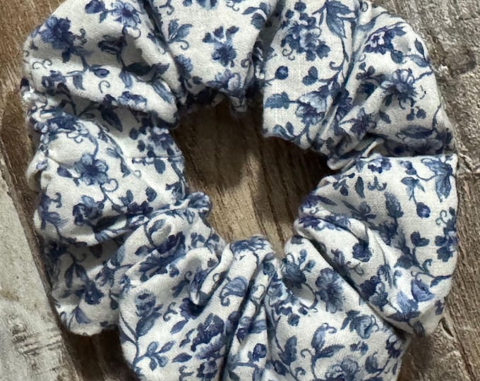Blue Floral Cotton Fabric Scrunchie, Hair Tie, LUKDesignsBoutique