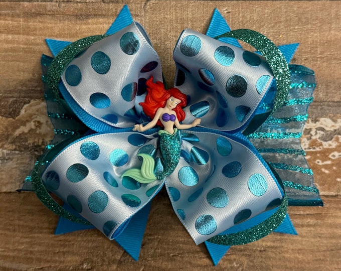 Blue Polka Dot Ariel Mermaid Satin and Grosgrain Ribbon Boutique Hair Bow on Alligator Clip, LUKDesignsBoutique