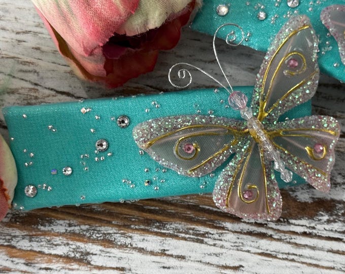 Spring Turquoise with Rhinestones and Butterfly French Barrette, LUKDesignsBoutique