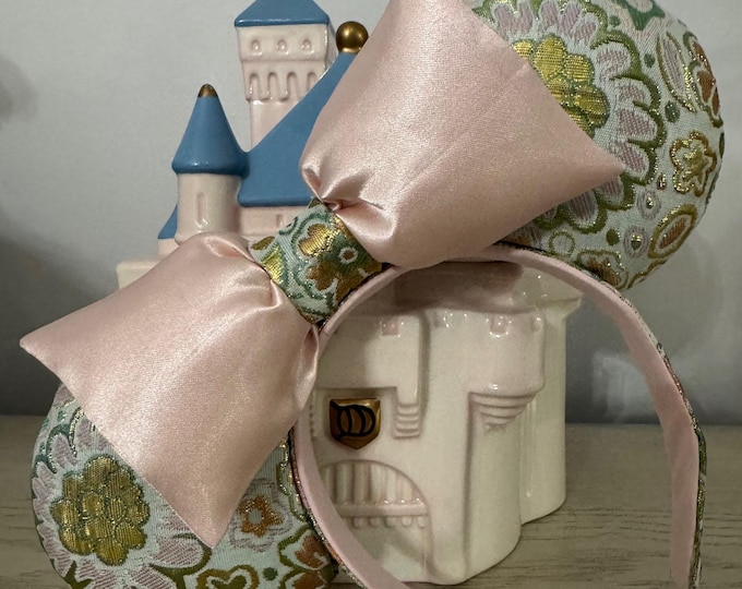 Elegant Pink Floral Brocade Mickey and Minnie Ears Headband, LUKDesignsBoutique