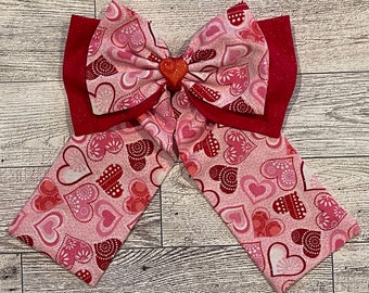 Red and Pink Heart Cotton Fabric Hair Bow, for Valentines Day (Choose French Barrette or Alligator Clip), LUKDesignsBoutique