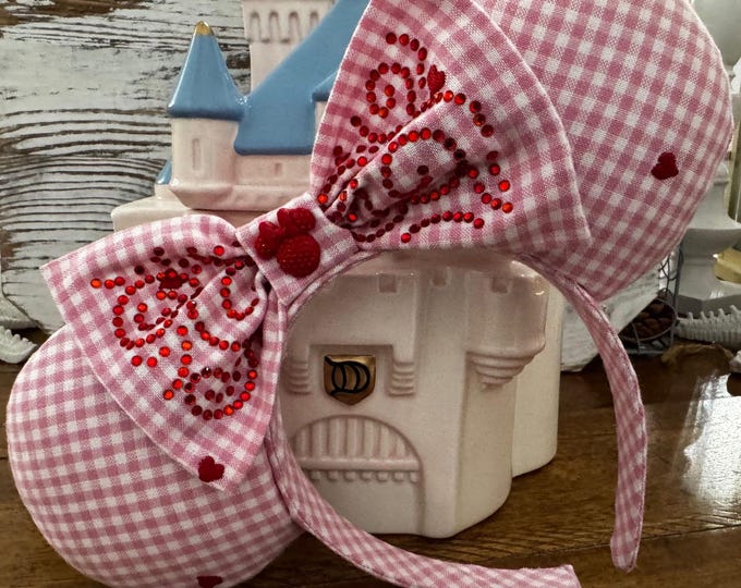 Pink and White Gingham Valentine Mickey and Minnie Ears Headband with Hearts, LUKDesignsBoutique