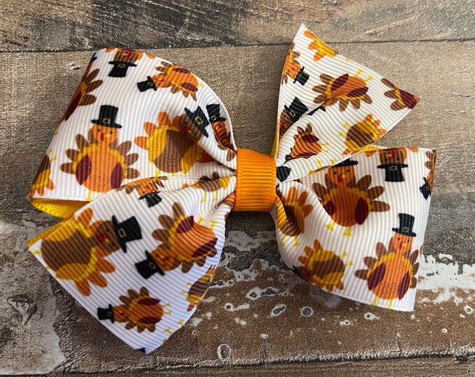 White, Orange, and Brown Thanksgiving Turkey Hair Bow on alligator clip with teeth, LUKDesignsBoutique