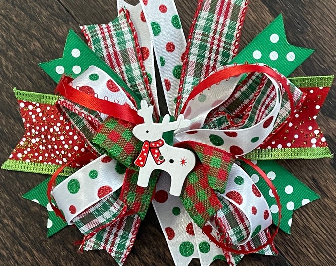Christmas Hair Bow, Holidays, Holiday Reindeer Hair Bow on Alligator Clip, Christmas in July, Merry Christmas Bow, LUKDesignsBoutique