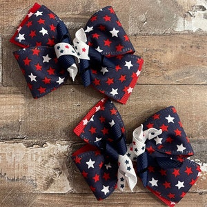 Red, White, and Blue Hair Bow with Red and White Stars on Alligator Clip for 4th of July, Memorial Day (Set of 2), LUKDesignsBoutique