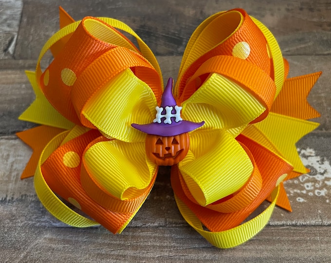 Halloween Pumpkin Grosgrain Ribbon Hair Bow with Pumpkin Embellishment on French Barrette, LUKDesignsBoutique