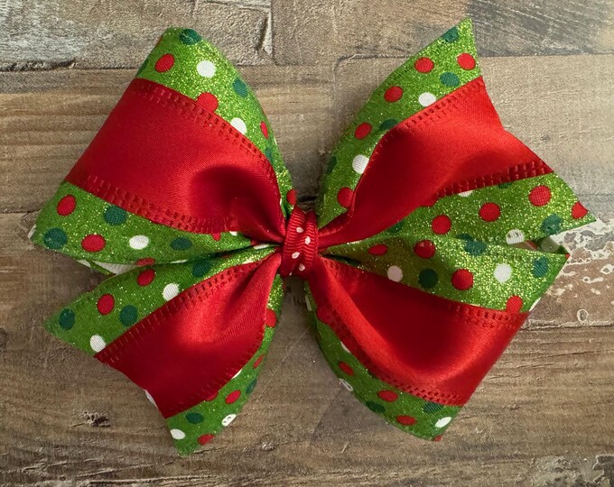 Green, Red, White, Polka Dot Christmas Pinwheel Hair Bow on Alligator Clip with Teeth, LUKDesignsBoutique
