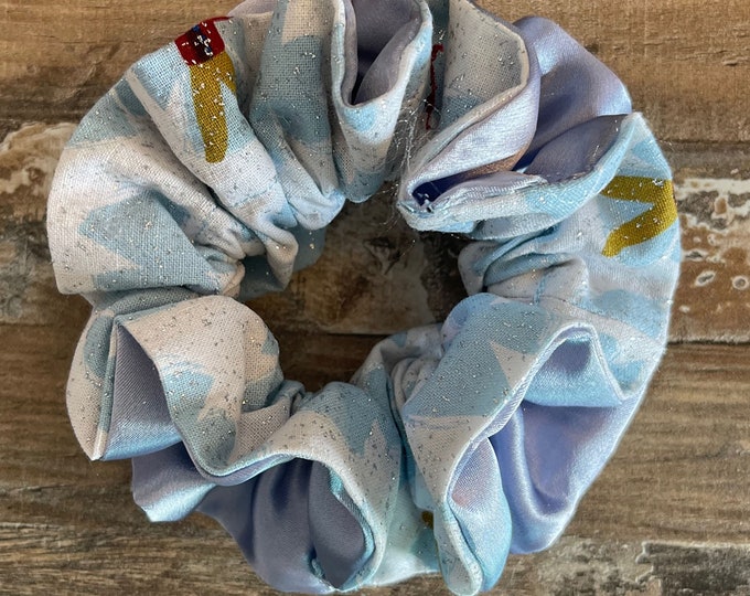 Blue and White Cotton with Blue Satin Lining Double Ruffle Large Scrunchie with Elf design and glitter, LUKDesignsBoutique