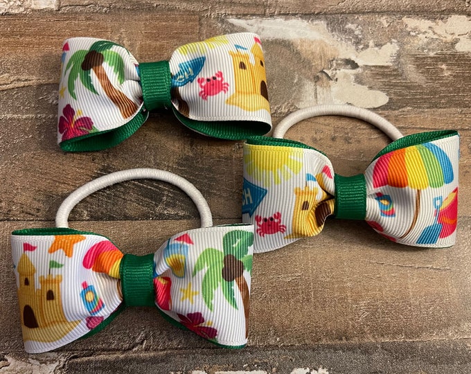 Sandcastle, Beach, and Palm Tree Summer Hair Bows (Set of 3 - 1 bow on alligator clip, 2 bows on hair ties), LUKDesignsBoutique