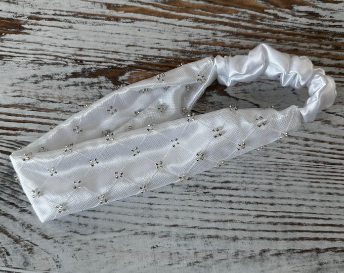 Special Occasion Headband with White Satin and Netting Overlay with Elegant Crystals, LUKDesignsBoutique