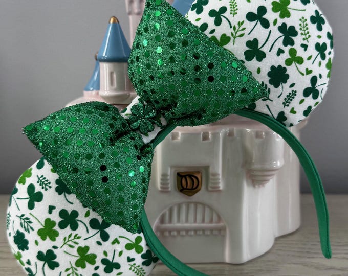 Sequin Shamrock Green and White St. Patricks Day Mickey Minnie Ears Headband, LUKDesignsBoutique