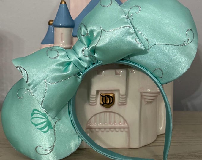 Ariel-Inspired Satin Aquamarine Minnie Ears Headband with Sparkling Glitter Accents, LUKDesignsBoutique