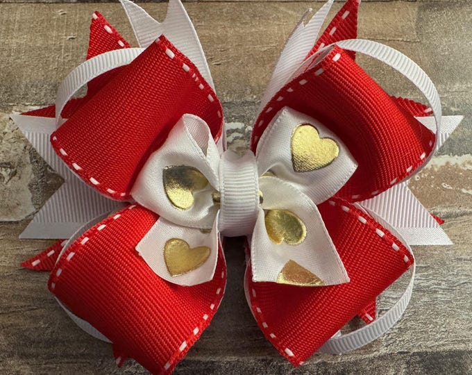 Valentine's Grosgrain Boutique Hair Bow Red and White with Gold Hearts on Alligator Clip with Teeth, LUKDesignsBoutique