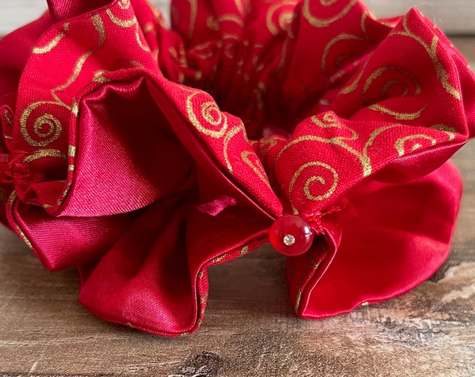 Red Cotton, Red Satin Ruffle Scrunchie with Button Embellishments, LUKDesignsBoutique