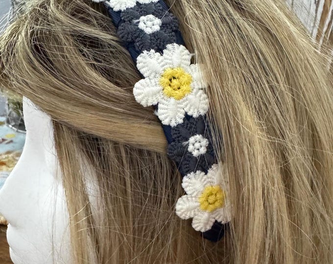Navy Blue, White, Yellow Crochet Trim 1 Inch Floral Headband, LUKDesignsBoutique