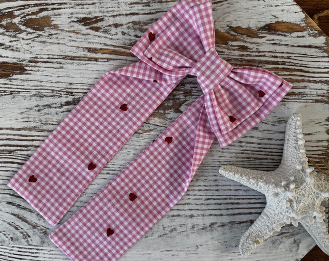 Gingham Valentine Hair Bow, Red Embroidered Hearts, Long Tail French Barrette