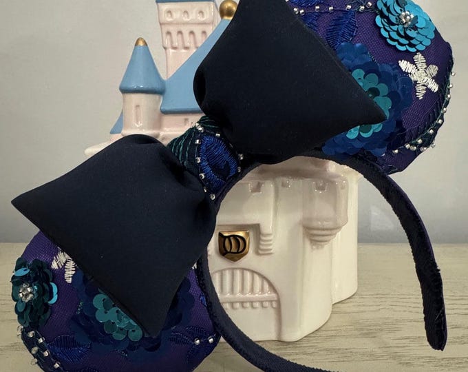 Royal Purple and Blue Anna-Inspired Mickey and Minnie Ears Headband with Elegant Floral Sequins and Rhinestone Accents, LUKDesignsBoutique