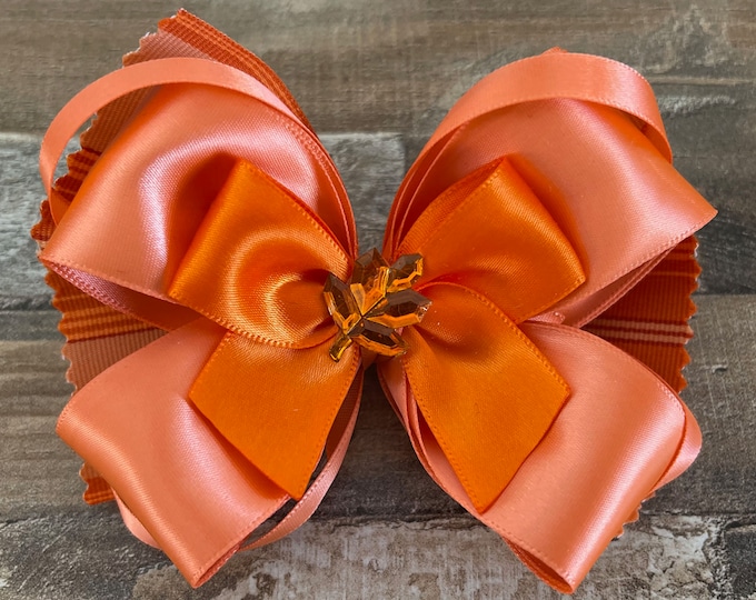 Coral and Orange Satin and Polyester Fall Hair Bow with Leaf Embellishment on an Alligator Clip with Teeth, LUKDesignsBoutique