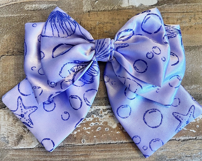 Purple Satin Beach Themed Layered Hair Bow with Tails on French Barrette, LUKDesignsBoutique
