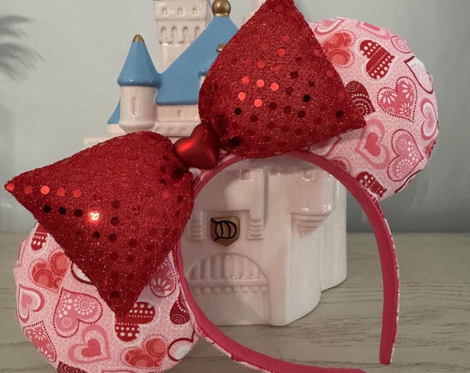 Red and Pink Valentine Hearts Minnie Mickey Ears Headband, LUKDesignsBoutique
