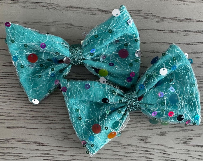 Turquoise Blue with Multi Colored Sequins Dance Competition Bow on Alligator Clip, LUKDesignsBoutique