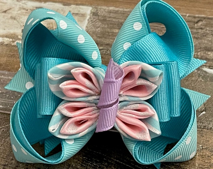 Turquoise Grosgrain Ribbon Hair Bow with Grosgrain Ribbon Butterfly in the Center, LUKDesignsBoutique