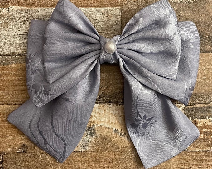 Blue Satin with Floral Design 6" Hair Bow with Tails on French Barrette, LUKDesignsBoutique