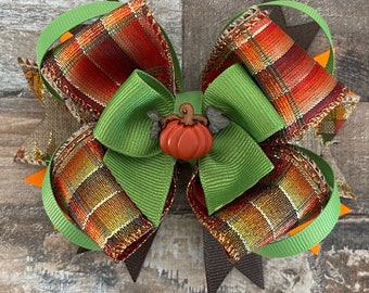 Orange, Brown, and Green Fall Grosgrain and Cotton Hair Bow with Pumpkin Embellishment, Alligator Clip or French Barrette,LUKDesignsBoutique