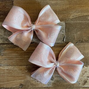 Pink Satin White Organza Valentine&#39;s Day Hair Bow with Hearts (Choose alligator clip with or without teeth), Set of 2, LUKDesignsBoutique