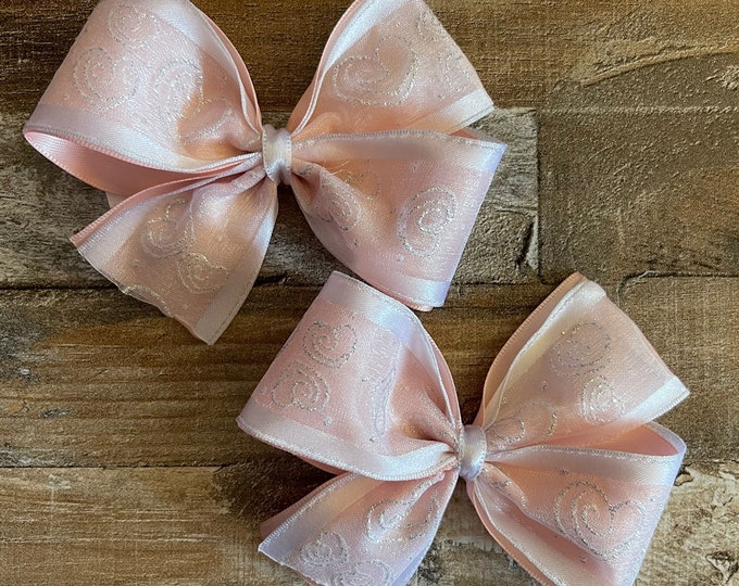 Pink Satin White Organza Valentine's Day Hair Bow with Hearts (Choose alligator clip with or without teeth), Set of 2, LUKDesignsBoutique