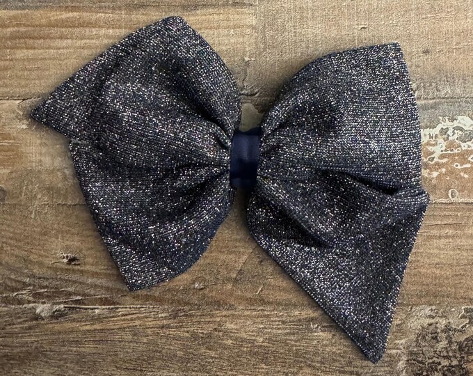Navy Blue and Silver Fabric Pinwheel Style Fabric Bow on French Barrette, LUKDesignsBoutique