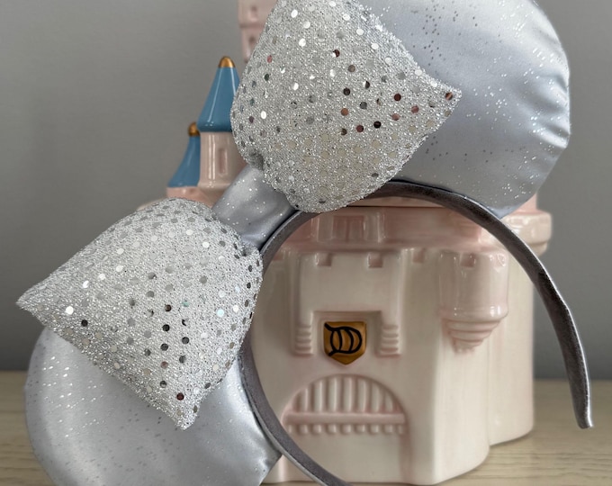 Silver Sequin and Glitter Satin Mickey Minnie Headband for New Years, LUKDesignsBoutique