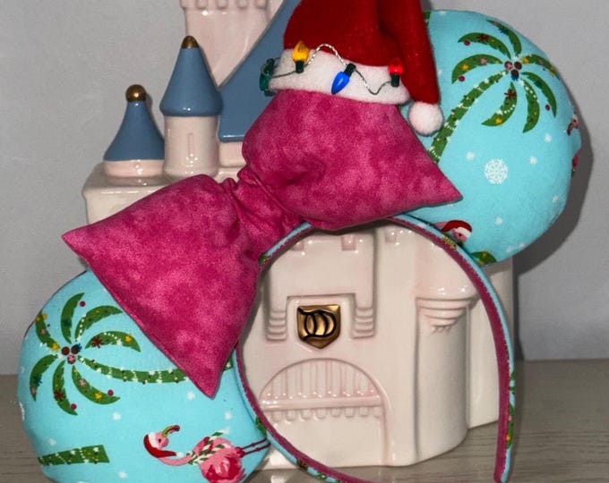 Pink and blue Christmas Palm Tree with Santa Hat Minnie Mouse Ears Headband, LUKDesignsBoutique