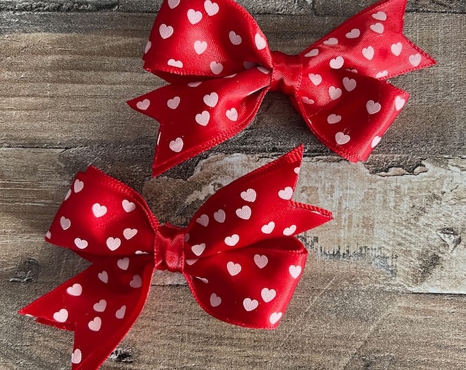 Red Heart Valentine's Day Satin Hair Bows on alligator clip with teeth (Comes as set of 2), LUKDesignsBoutique