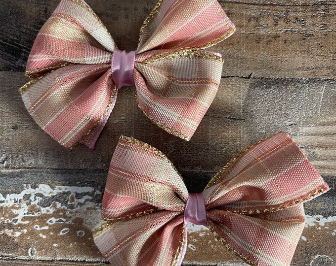 Pink and Cream Plaid Pinwheel Hair Bows with Gold Accents on Alligator Clip with Teeth (Set of 2 Bows), LUKDesignsBoutique