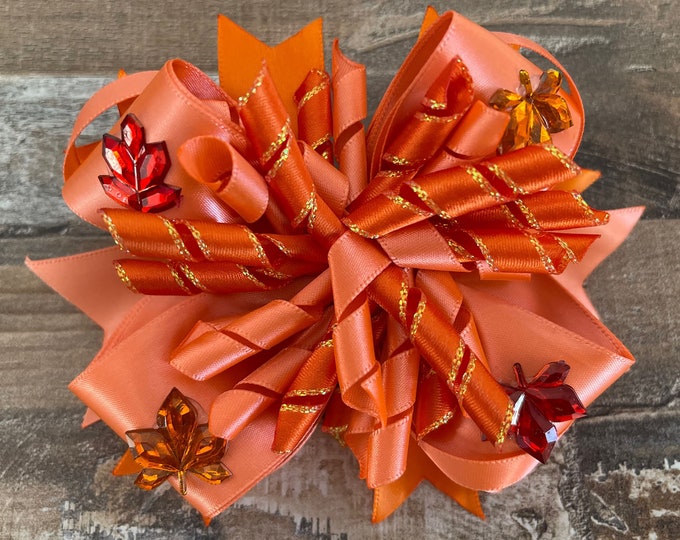 Coral and Orange Satin Ribbon with Korker Bow and Leaf Embellishments on a French Barrette, LUKDesignsBoutique