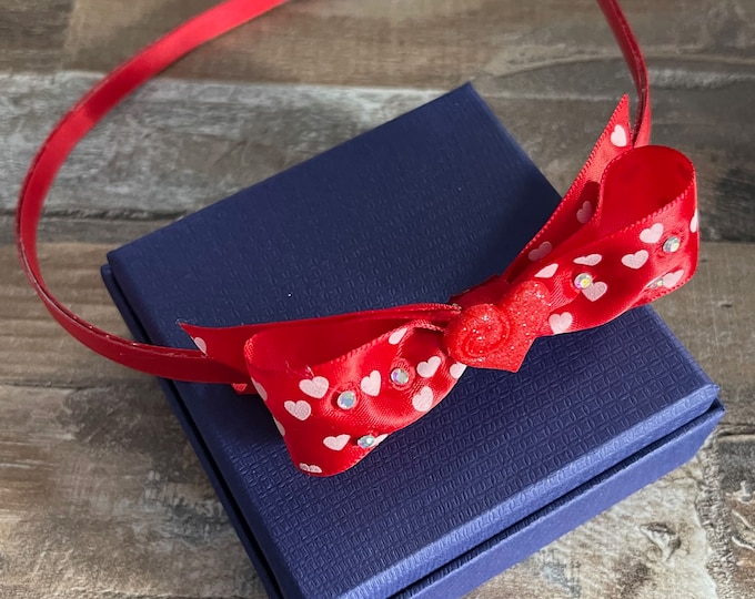 Red Satin Lined 1/4" Metal Headband with Red Bow with Hearts and Rhinestones for Valentine's Day, LUKDesignsBoutique