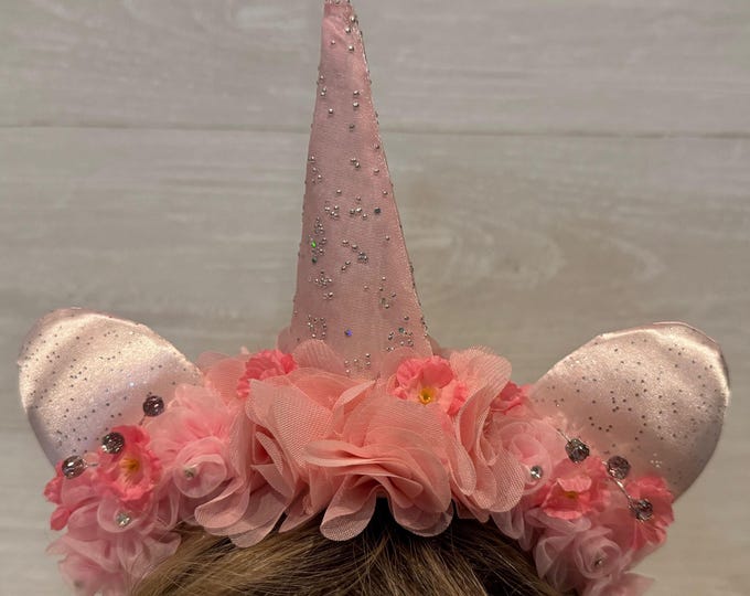Shimmering Pink Satin Unicorn Headband with Faux Flowers & Rhinestones – Sparkly Birthday, Dress Up, Costume Accessory, LUKDesignsBoutique