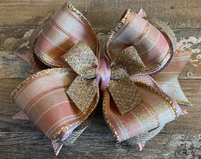 Pink and Gold Glitter Hair Bow (Choose from Alligator Clip or French Barrette), LUKDesignsBoutique
