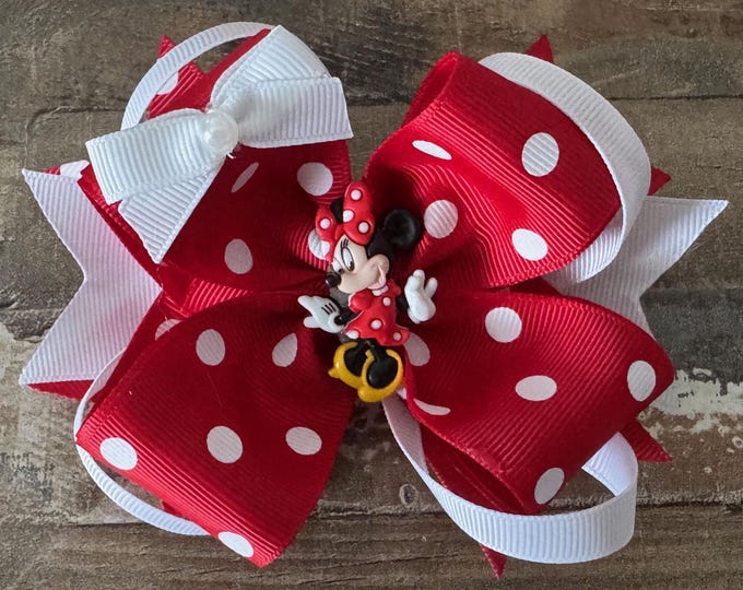Red and White Polka Dot Minnie Mouse Grosgrain Boutique Hair Bow on Alligator Clip with Teeth, LUKDesignsBoutique