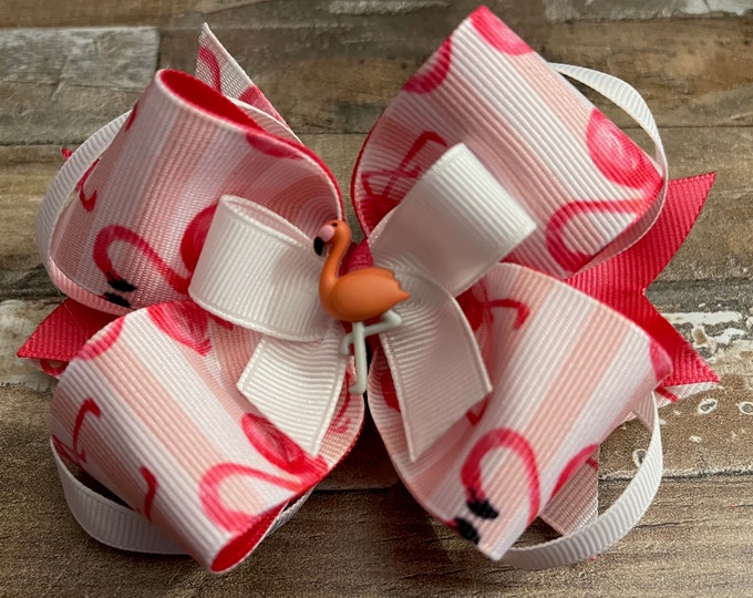 White and Pink Flamingo Grosgrain Ribbon Hair Bow on an Alligator Clip with teeth, LUKDesignsBoutique