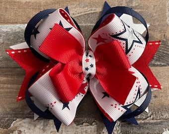 Patriotic Hair Bow: Red, White, and Blue Stacked Grosgrain Ribbon