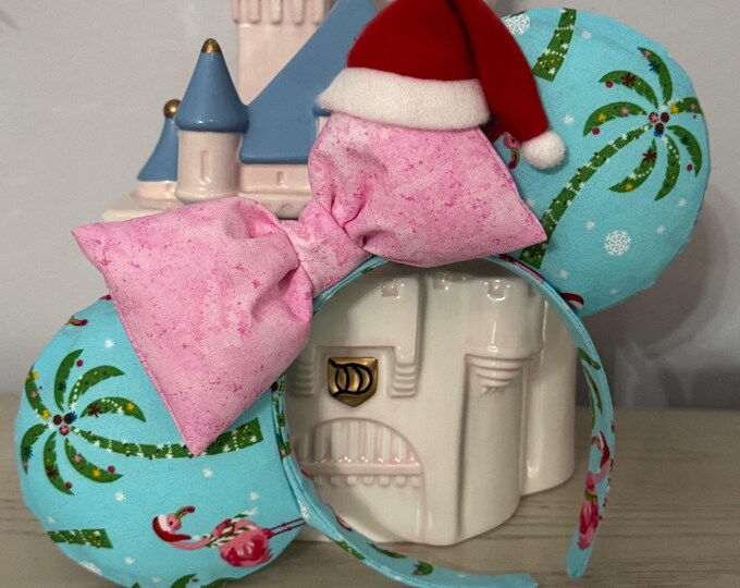 Tropical Christmas Blue Mickey Mouse Ears Headband with Christmas Palm Tree and Santa Flamingo, LUKDesignsBoutique