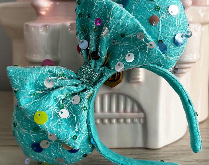 Turquoise Blue Multi Colored Sequin Mickey Minnie Ears Headband for 18 Inch Doll, LUKDesignsBoutique